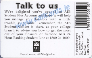 AIB Student Plus 1996 Callcard (back) AIB Student Plus 1996 Callcard (back)